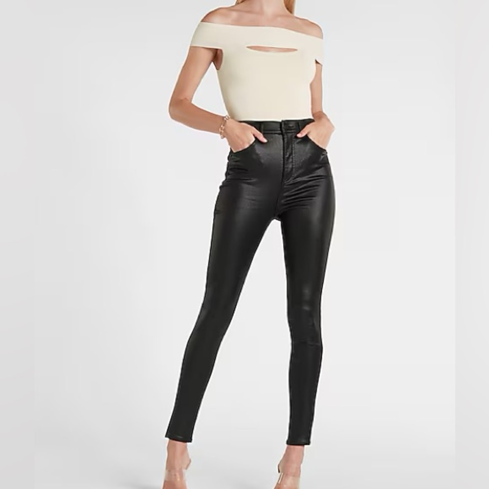 Super High Waisted Black Coated Skinny Jeans